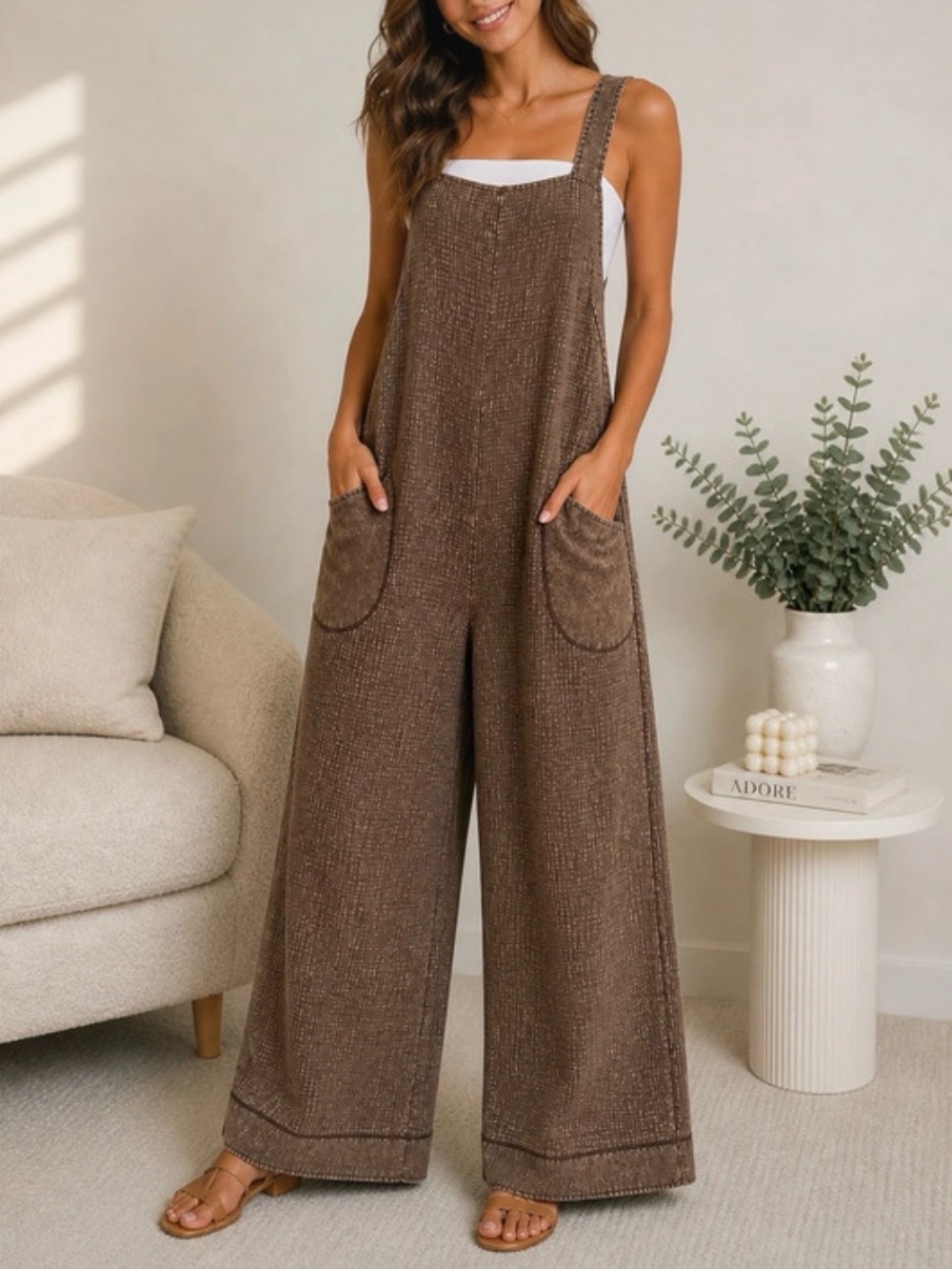 Zenana Knit Waffle Wide Leg Overalls Sand Beige/Brown/Turquoise S/M - Picture 9 of 12